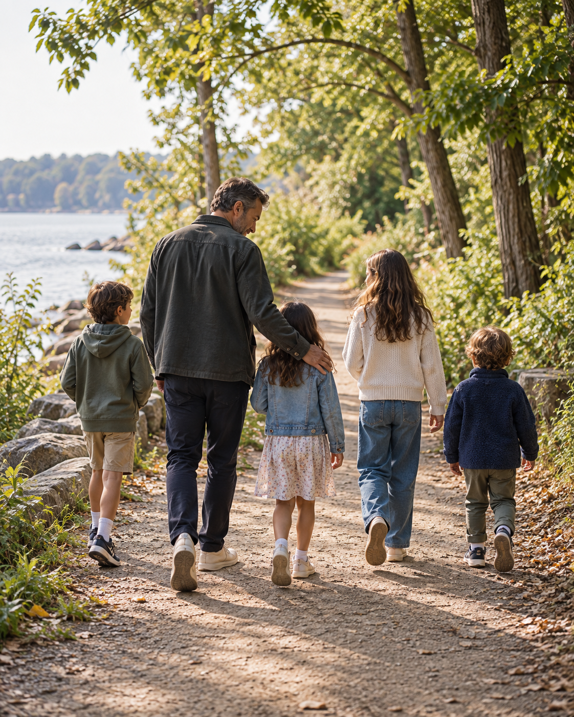 A father walking with his four children along a waterfront trail